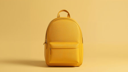 An isolated yellow backpack is centered against a yellow backdrop, displaying a uniform hue and subtle texture. The scene is lit with diffused studio lighting.の素材