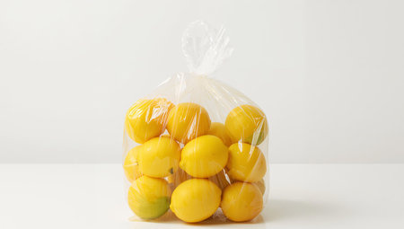 A collection of yellow, spherical objects are encased in clear plastic wrap. The bright yellow hue contrasts with the stark white background and shiny plastic texture.の素材