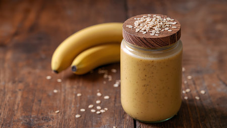 A still life featuring a yellowish smoothie in a glass jar with a wooden lid and topped with oats, set against a wooden table with warm lighting, accompanied by a few bananas.の素材