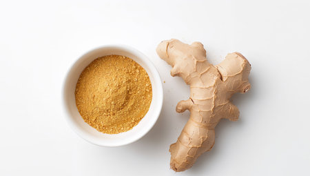 A white bowl filled with yellow powder sits next to a brown, oddly shaped root on a clean white background, showcasing textures and tones.の素材