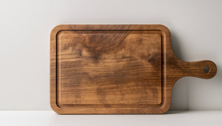 This image presents a warmtoned wooden surface with a rectangular groove. The wood exhibits a rich, detailed grain and texture, enhanced by soft, neutral lighting.の素材