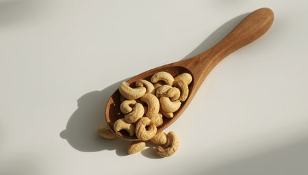 A smooth wooden spoon containing lightcolored, curved objects is resting on a clean white surface. The scene is bathed in soft, directional light, creating shadows.の素材