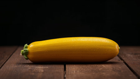 The image showcases a yellow fruit or vegetable with a smooth, slightly textured surface, set against a dark background and contrasting wooden planks.の素材