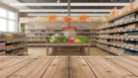 A wooden table surface stands in the foreground, with a blurred interior scene in the background. Soft lighting and textures create depth.の素材