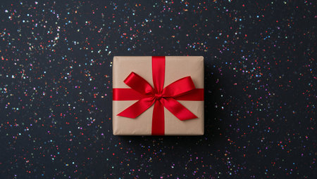 A neat rectangular box, wrapped in neutraltoned paper and adorned with a vibrant red ribbon, sits on a dark surface speckled with multicolored dots.の素材