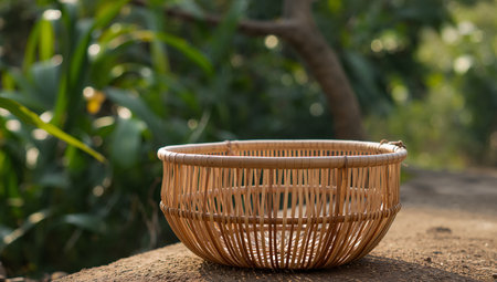 A warmtoned, handcrafted wicker basket rests upon a coarse surface, bathed in soft, diffused light, with an outoffocus green backdrop creating a hazy ambience.の素材