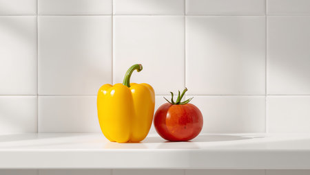 A yellow bell pepper and a red sphere, possibly a fruit, sit on a white surface. Soft lighting with clear shadows against a tiled background.の素材