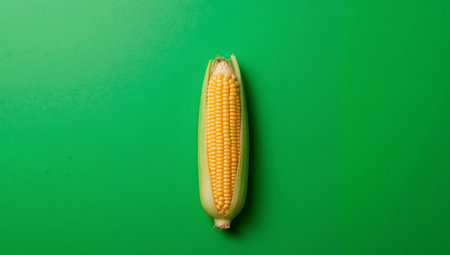 The image features a single cob against a green backdrop. The contrast between the bright yellow and green creates a vibrant composition.の素材