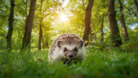A hedgehog gazes from the green grass, with a bright sunlight filtering through the trees,creating a soft, inviting, and visually appealing atmosphere.の素材