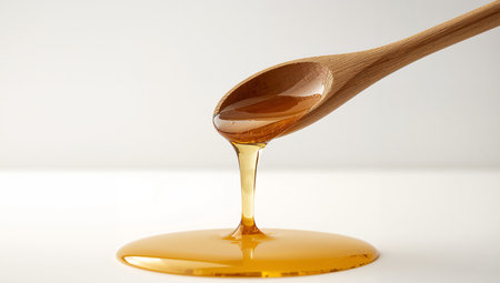 A wooden spoon holds a viscous, golden liquid, creating a dynamic display of texture, color, and light. The stream connects spoon and puddle.の素材