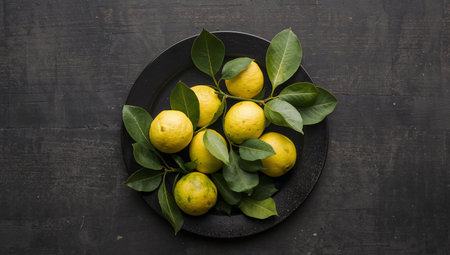 A highangle shot presents a cluster of textured yellow spheres with vibrant green leaves arranged on a dark, textured plate, set against a dark surface.の素材