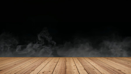 A wooden plank surface fades into a backdrop of darkness with a misty, ethereal haze. Soft lighting and textured wood create a subtle indoor setting.の素材