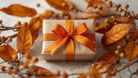 A small wrapped gift, adorned with a bright amber ribbon, is surrounded by warmtoned leaves and twig details, creating a warm, inviting composition.の素材