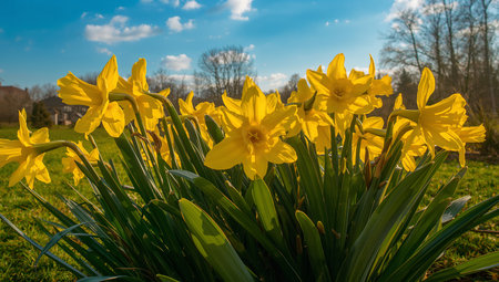 A vibrant cluster of radiant yellow flowers stands against a backdrop of a bright blue sky with scattered white clouds, evoking a feeling of warmth and vibrancy.の素材