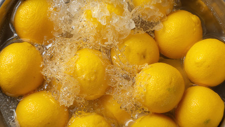 Bright yellow, textured spheres are submerged in clear water with crystalline structures. The light refracts and reflects, creating an invigorating, fresh visual.の素材