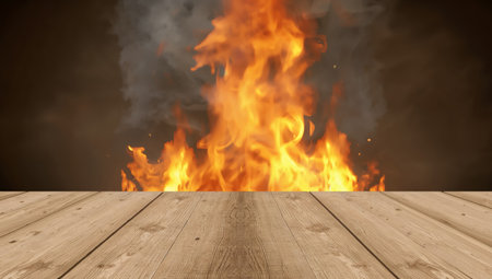 The image features a wooden plank surface in the foreground, contrasted with a fiery, orange and yellow background. The textures create visual interest.の素材