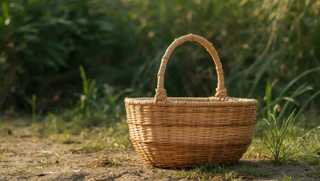 A wicker basket with a handle sits in a field of grass and dirt, bathed in warm sunlight. The scene evokes a sense of simple, pastoral life and organic textures.の素材