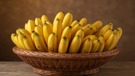 A bountiful arrangement of yellow fruit, contrasted against a woven basket and wooden surface, bathed in soft, warm, natural light creating a sense of richness.の素材
