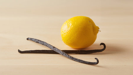 A yellow, textured sphere rests near two dark, elongated shapes with curled ends, set against a light, wooden background. Lighting highlights the contrast.の素材