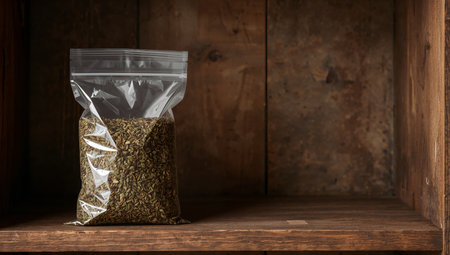A clear ziplock bag filled with small green seeds is displayed on a rustic wooden shelf. The image features dark lighting that enhances texture and shadows.の素材