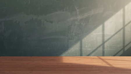 A brown wooden table stands against a mottled, textured wall. A windows shadow is cast across the wall, creating geometric shapes and light patterns.の素材