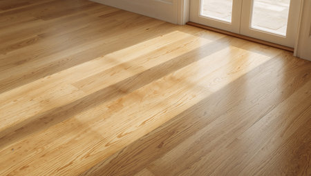 An image featuring a wooden surface, possibly a floor, partially illuminated by sunlight, creating distinct light and shadow areas that form geometric patterns.の素材