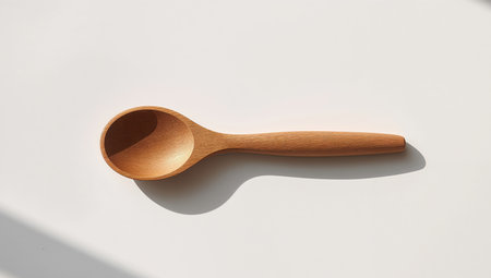 A wooden spoon rests on a white surface, capturing the interplay of light and shadow.The smooth wood texture contrasts with the clean background, creating a simple visual.の素材