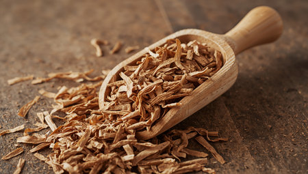 A closeup of a wooden spoon filled with shredded material. The color palette is dominated by browns and beiges. The texture is granular and coarse, with soft lighting.の素材