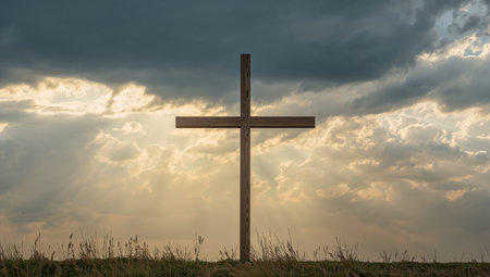 The image showcases a wooden structure silhouetted against a backdrop of dramatic sky and soft light. The scene evokes a sense of solitude and reflection.の素材