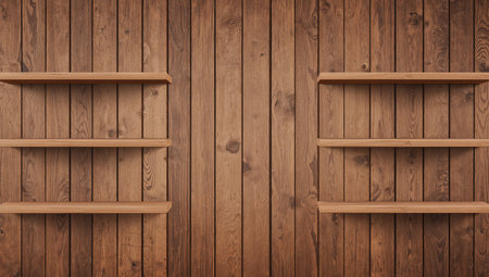 A background featuring a wooden wall with a rustic texture. It includes multiple lightbrown floating shelves on both sides, designed for display or interior decor.の素材