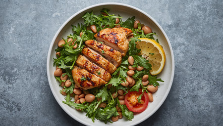 An overhead shot of a bowl filled with sliced protein, beans, greens, and a wedge of lemon. Texture varies between smooth and slightly rough.の素材