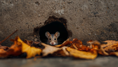 A small animal peers out from a dark, circular opening. Autumn leaves in yellows and oranges are scattered in the foreground, blurred for depth rough texture of concrete.の素材