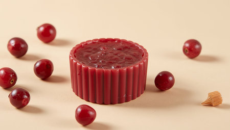 A studio shot features a textured crimson pot filled with jam, complemented by scattered red spheres and a decorative golden accent on a neutral background.の素材
