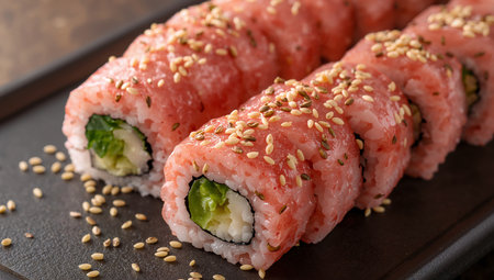 A row of cylindrical forms with pink textures and scattered seeds contrasting colors create visual interest soft lighting highlights details of the surface.の素材