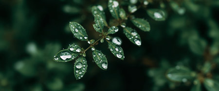 Closeup of small, ovate green leaves adorned with glistening water droplets. Deep green, blurry backdrop provides contrast. Lighting is soft.の素材