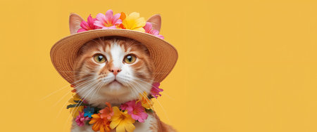 The image features a light orange cat wearing a straw hat adorned with vibrant flowers and a matching lei, against a sunny yellow background.の素材