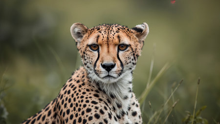 A closeup image showing a warm, spotted texture set against a soft, blurred, green foliage, creating a sense of depth and visual interest.の素材