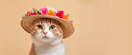 A charming portrait of a ginger cat wearing a straw hat decorated with pink and orange flowers. The image features warm tones and soft, diffused lighting.の素材