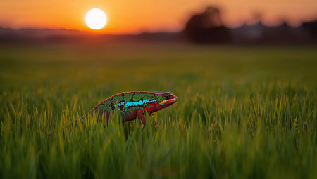 A vivid, textured reptile ambles through tall green grass under a warm sunset. The scene showcases contrasting colors, textures, and the interplay of light.の素材