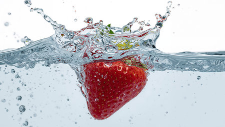 A vibrant red fruit plunges into clear liquid, creating a dynamic splash. The water forms abstract shapes and droplets against a clean white background.の素材