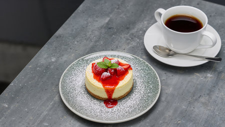 A creamy dessert topped with red fruit and a sprig of green, alongside a cup of dark liquid. The gray textured surface contrasts with the white dishware.の素材
