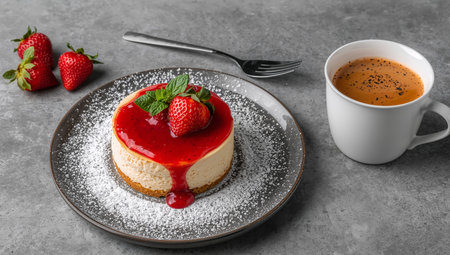 A delectable cheesecake is presented on a speckled plate, enhanced by a vibrant berry drizzle, mint sprigs, and ripe strawberries. The image features beverage warm in a white mug.の素材