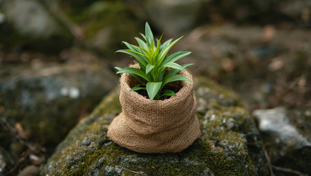A vibrant green sprout rests in a burlap sack, placed atop a mossy rock. The image balances earthy tones with the bright, fresh green of new growth.の素材