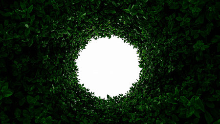 A dense arrangement of dark green leaves surrounds a circular opening of bright white light. The composition evokes a sense of depth and mystery.の素材