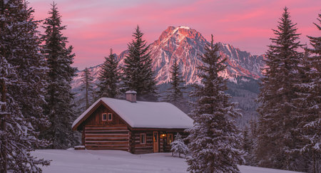 A serene winter landscape featuring a cozy log cabin nestled among snowcovered trees, with a striking mountain range illuminated by a pink sunrise.の素材