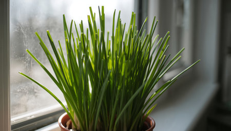 A closeup showcases vibrant green sprouts in a pot, bathed in natural light near a window, creating a play of shadows and highlights.の素材