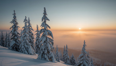 A serene landscape featuring snowladen coniferous trees against a gentle sunrise. The soft hues and textures create a calming, almost ethereal atmosphere.の素材