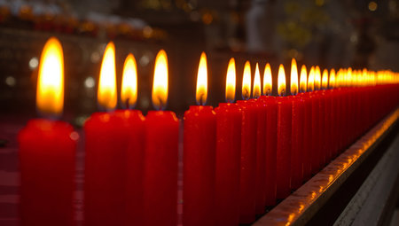 A warm ambiance is crafted by a row of red candles with flickering flames, creating a sense of calmness, with light dancing in the background.の素材