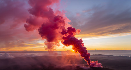 An image filled with a sunrise casting sunbeams, with pink and red smoke that creates an intriguing textural gradient, with bright colors blending into the landscape.の素材