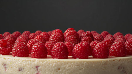 A vibrant collection of rubyred berries sits atop a lightcolored cake with a speckled texture, contrasted by a dark, neutral background.の素材